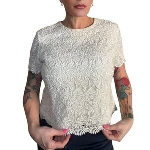 Lace Floral Button Back Talbots Short Sleeve Blouse Size 6P Ivory Vintage